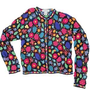 Vintage y2k Susan Brisol Crochet Floral Hand Knit Sweater Large Grandma Whimsy